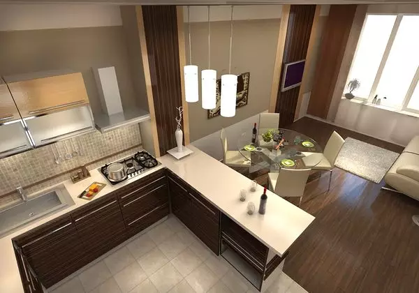 Design Køkken Stue (152 billeder): Interiør af kombinerede værelser i lejligheden, eksempler på køkkenprojekter, kombineret med hallen, design muligheder 9515_35