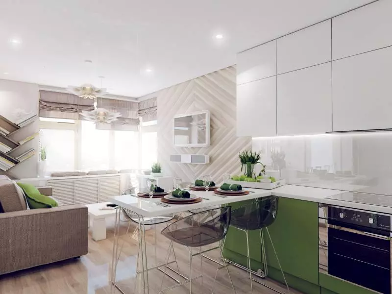 Design Køkken Stue (152 billeder): Interiør af kombinerede værelser i lejligheden, eksempler på køkkenprojekter, kombineret med hallen, design muligheder 9515_40