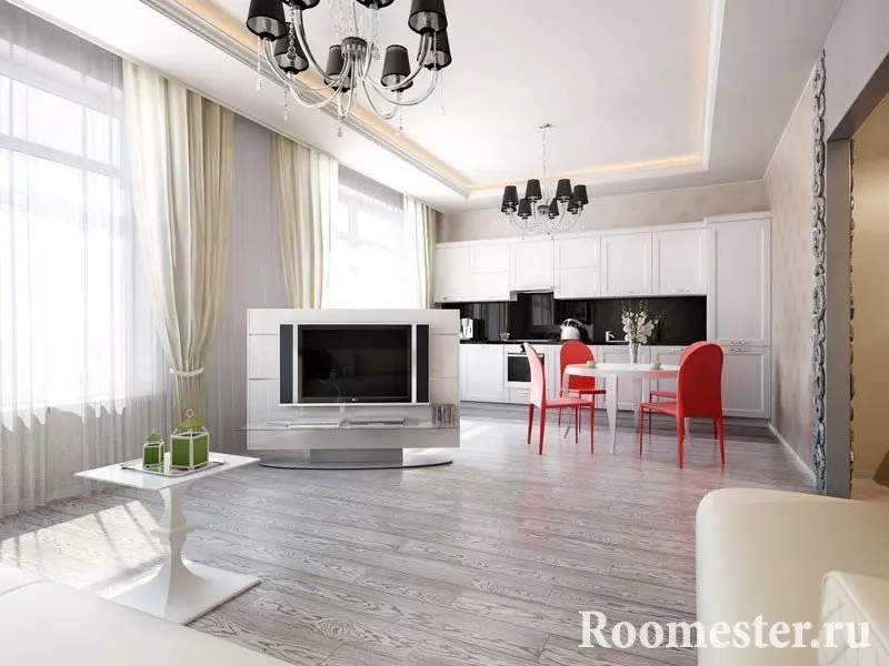 Design kök vardagsrum (152 foton): inredning av kombinerade rum i lägenheten, exempel på köksprojekt, kombinerat med hallen, designalternativ 9515_43