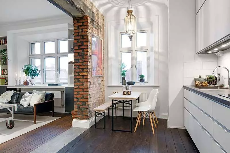 Design kök vardagsrum (152 foton): inredning av kombinerade rum i lägenheten, exempel på köksprojekt, kombinerat med hallen, designalternativ 9515_51