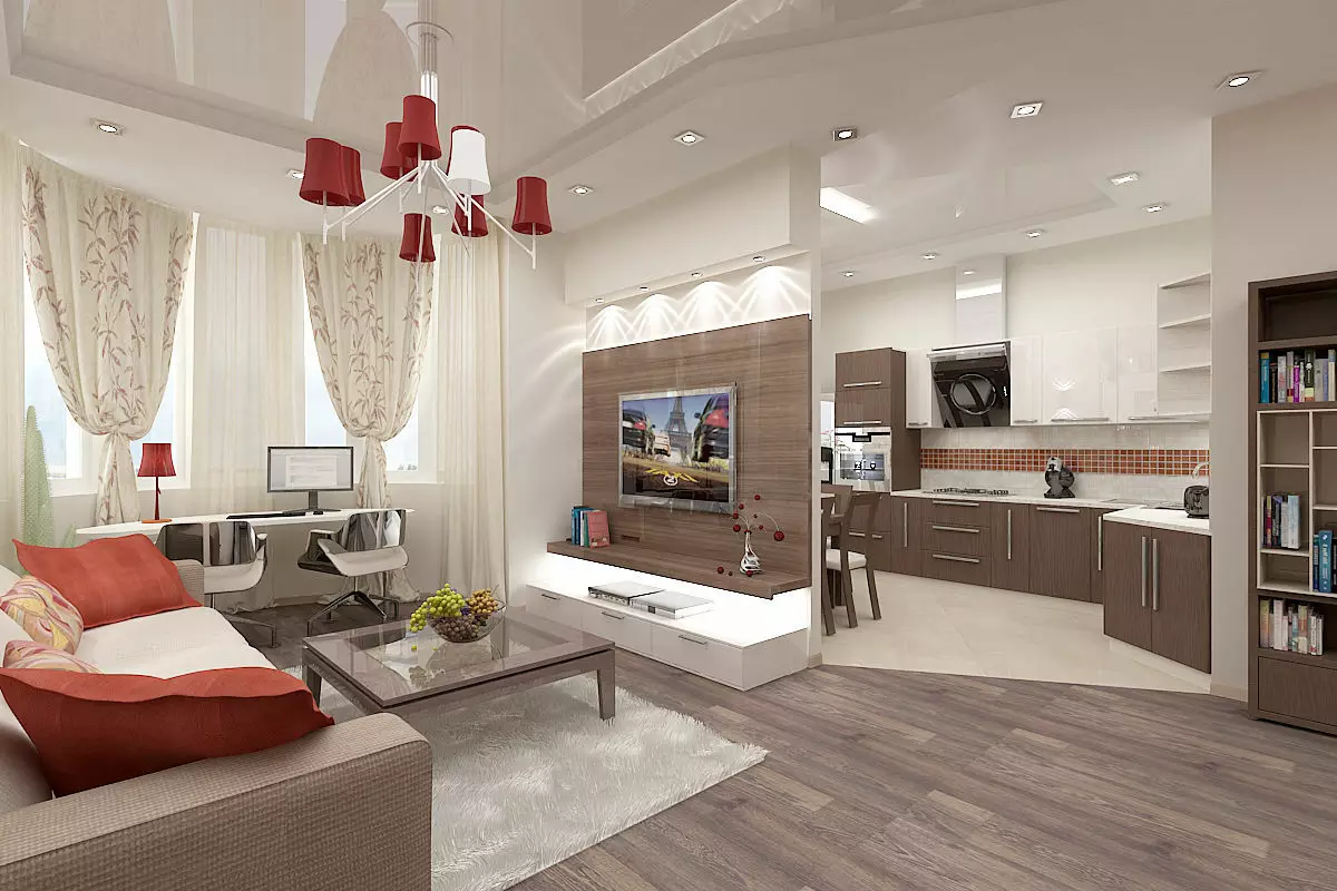 Design kuchyně obývací pokoj (152 fotek): Interiér kombinovaných pokojů v bytě, příklady kuchyňských projektů, v kombinaci s haly, možnosti designu 9515_54