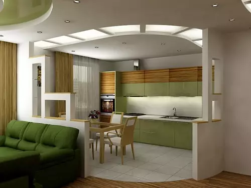 Design Kitchen Soggiorno (152 foto): Interno di camere combinate nell'appartamento, esempi di progetti di cucina, combinati con la sala, opzioni di progettazione 9515_55
