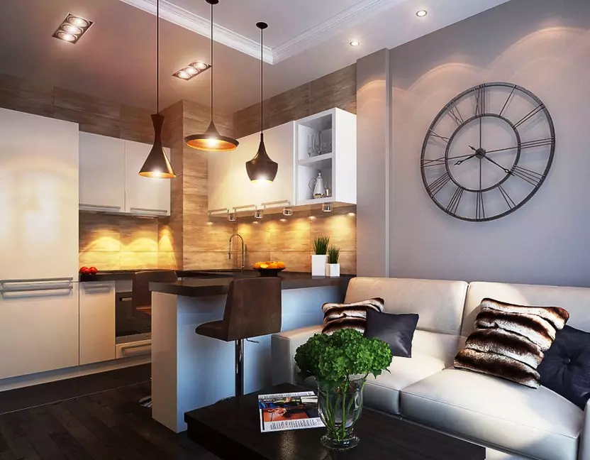 طراحی اتاق نشیمن آشپزخانه (152 عکس): داخلی اتاق های ترکیبی در آپارتمان، نمونه هایی از پروژه های آشپزخانه، همراه با سالن، گزینه های طراحی 9515_56