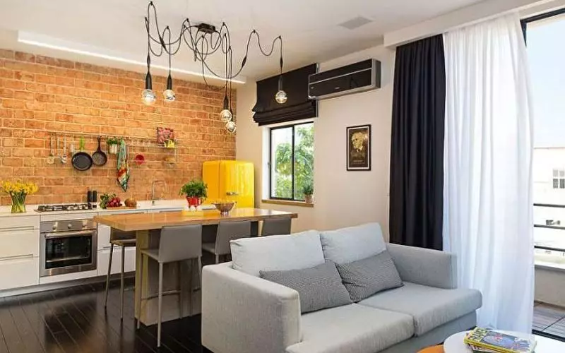 Design kök vardagsrum (152 foton): inredning av kombinerade rum i lägenheten, exempel på köksprojekt, kombinerat med hallen, designalternativ 9515_60