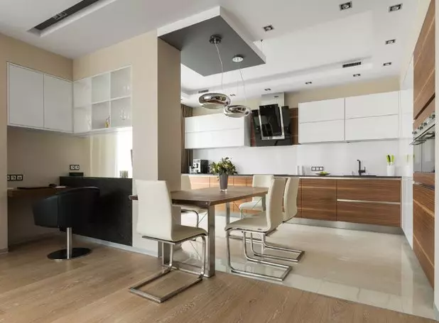 Dizajn dhomë të gjallë të kuzhinës (152 foto): Brendshme të dhomave të kombinuara në apartament, shembuj të projekteve të kuzhinës, të kombinuara me sallën, opsionet e projektimit 9515_61