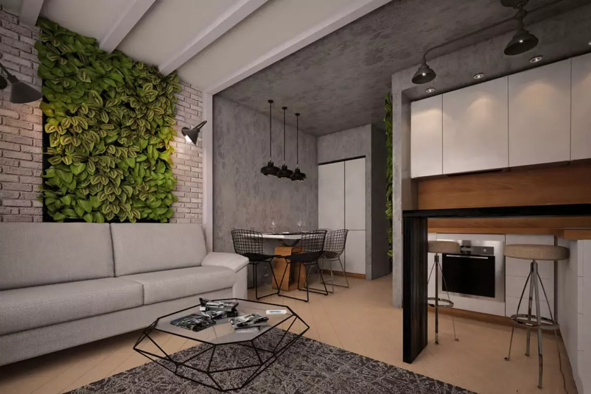 Design Kitchen Soggiorno (152 foto): Interno di camere combinate nell'appartamento, esempi di progetti di cucina, combinati con la sala, opzioni di progettazione 9515_77