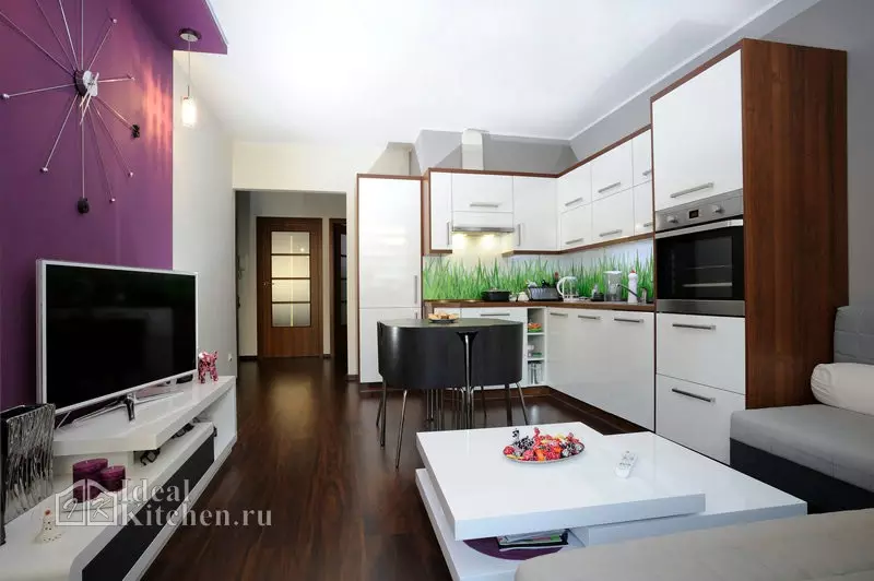 Design Kitchen Salon (152 zdjęcia): Wnętrze kombinowanych pokoi w mieszkaniu, przykłady projektów kuchni, w połączeniu z halą, opcje projektowania 9515_78