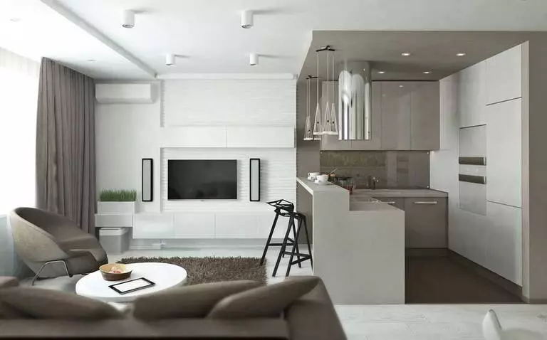 Dizajn dhomë të gjallë të kuzhinës (152 foto): Brendshme të dhomave të kombinuara në apartament, shembuj të projekteve të kuzhinës, të kombinuara me sallën, opsionet e projektimit 9515_8