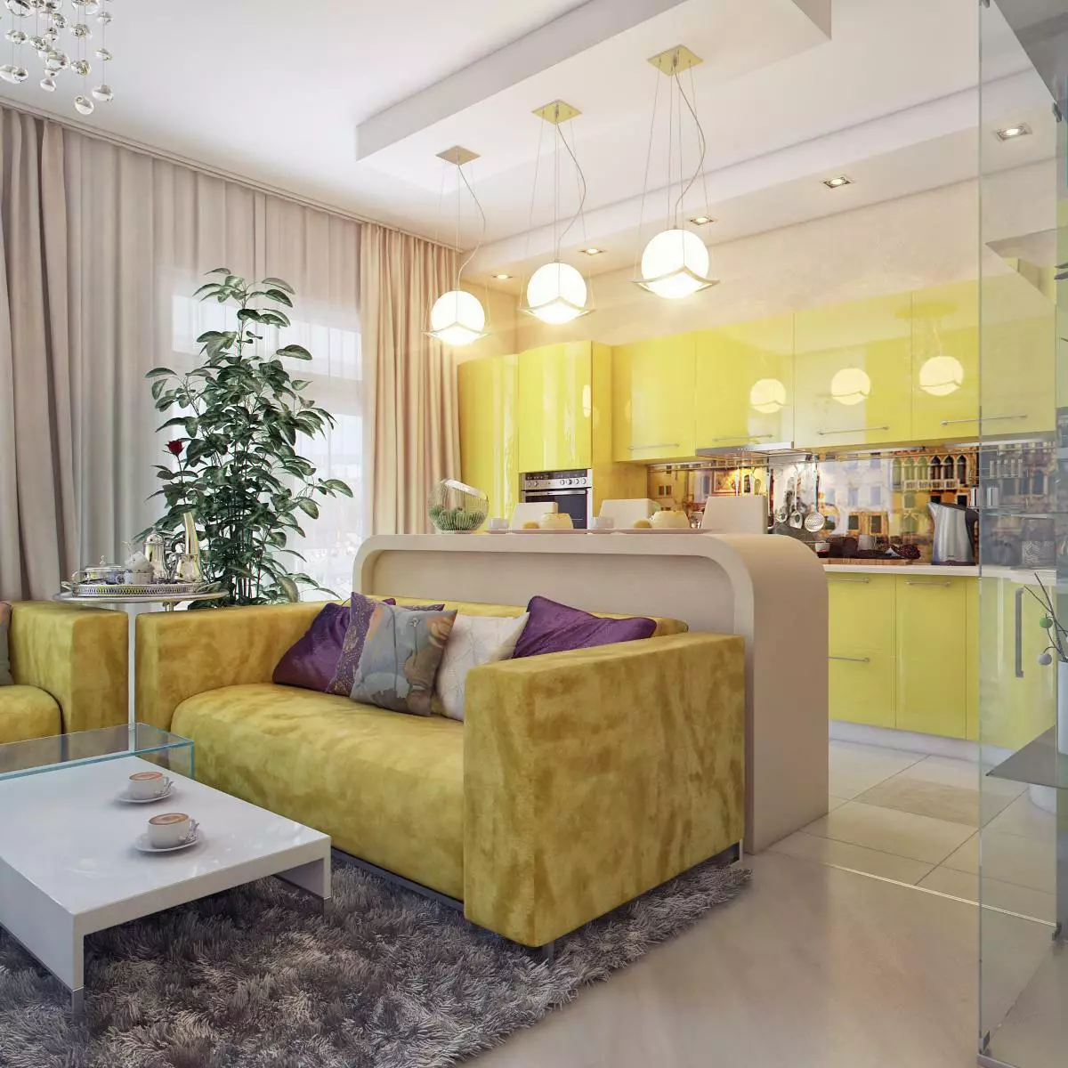 Дизајн Кујна дневна соба (152 фотографии): Внатрешни работи на комбинирани соби во станот, примери на кујнски проекти, во комбинација со салата, опции за дизајн 9515_86