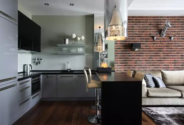 Design Kitchen woonkamer (152 foto's): interieur van gecombineerde kamers in het appartement, voorbeelden van keukenprojecten, gecombineerd met de hal, ontwerpopties 9515_89