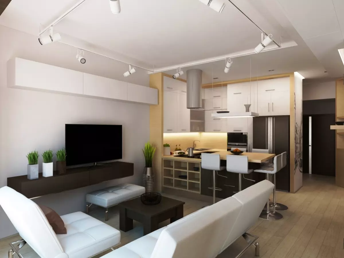 Dizajn dhomë të gjallë të kuzhinës (152 foto): Brendshme të dhomave të kombinuara në apartament, shembuj të projekteve të kuzhinës, të kombinuara me sallën, opsionet e projektimit 9515_9