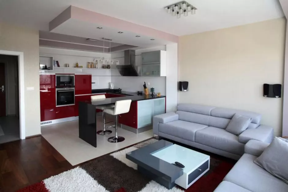 Design kuchyně obývací pokoj (152 fotek): Interiér kombinovaných pokojů v bytě, příklady kuchyňských projektů, v kombinaci s haly, možnosti designu 9515_90