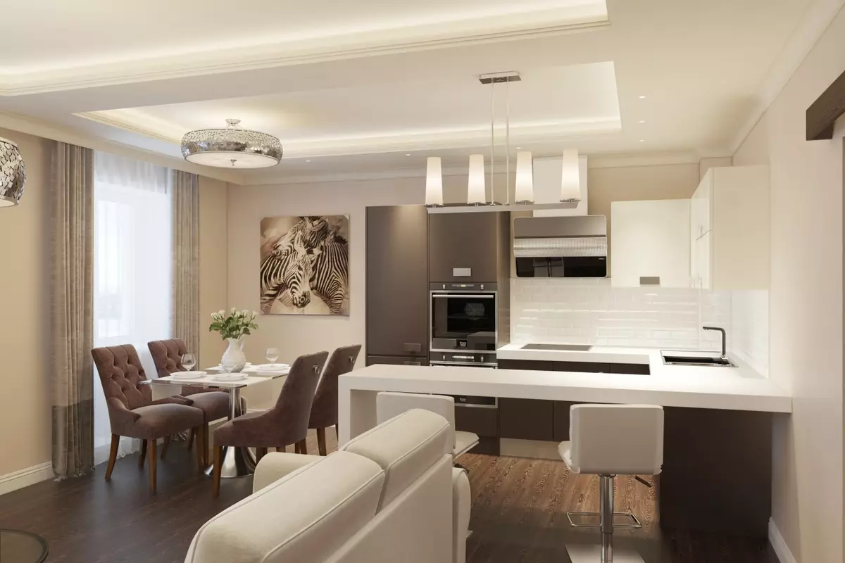 Design living Bucătărie (152 fotografii): Interior de camere combinate în apartament, exemple de proiecte de bucătărie, combinate cu hol, opțiuni de proiectare 9515_93