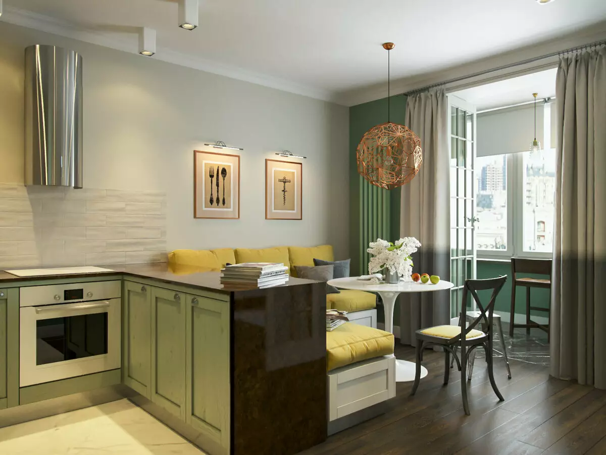 Kuchyň-obývací pokoje 13m². m (58 fotek): Možnosti designu interiéru kuchyně s pohovkou a dalším nábytkem 9516_10