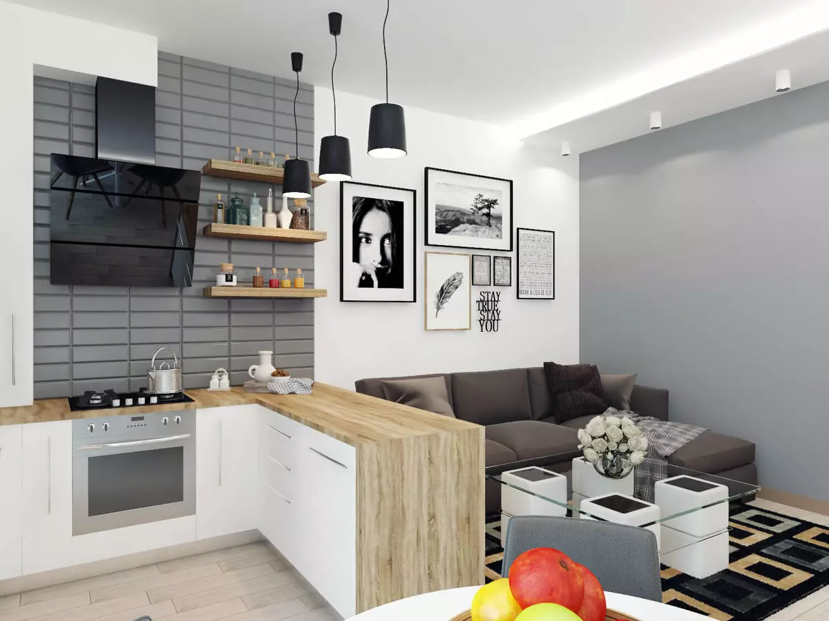 Kuchyň-obývací pokoje 13m². m (58 fotek): Možnosti designu interiéru kuchyně s pohovkou a dalším nábytkem 9516_15