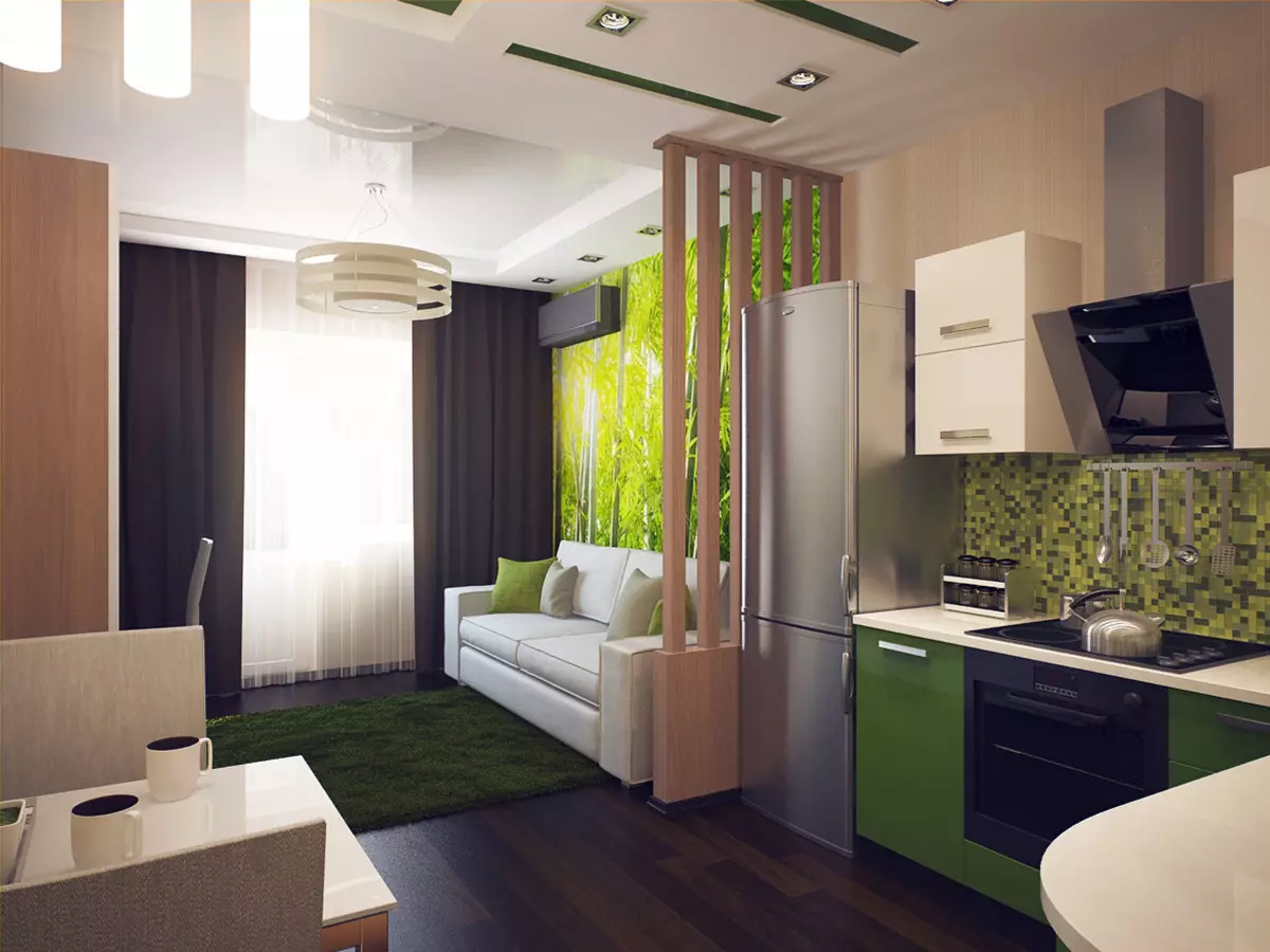 Kuchyň-obývací pokoje 13m². m (58 fotek): Možnosti designu interiéru kuchyně s pohovkou a dalším nábytkem 9516_16