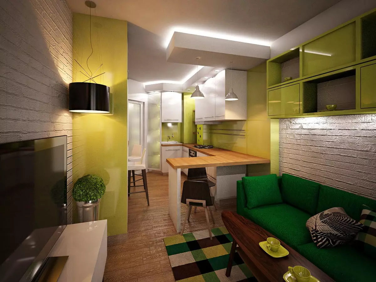 Kuchyň-obývací pokoje 13m². m (58 fotek): Možnosti designu interiéru kuchyně s pohovkou a dalším nábytkem 9516_18