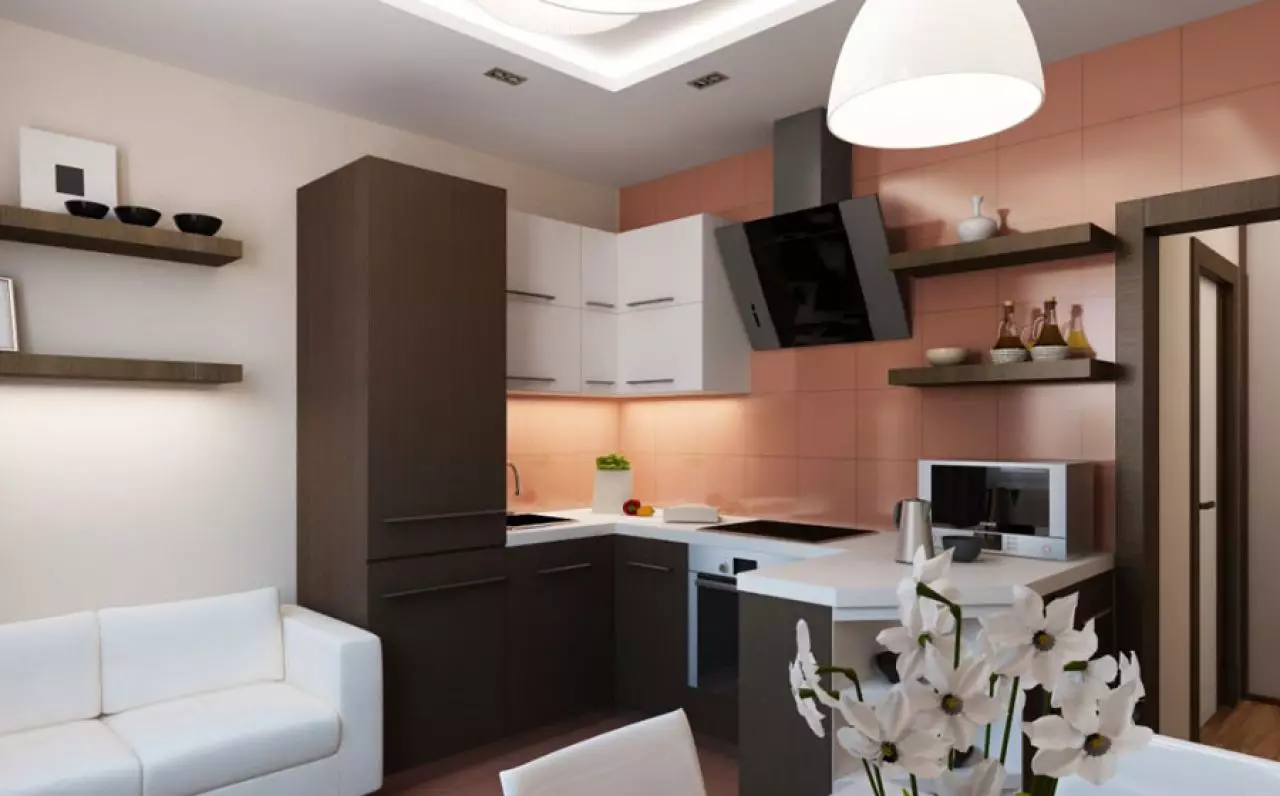 Kuchyň-obývací pokoje 13m². m (58 fotek): Možnosti designu interiéru kuchyně s pohovkou a dalším nábytkem 9516_19