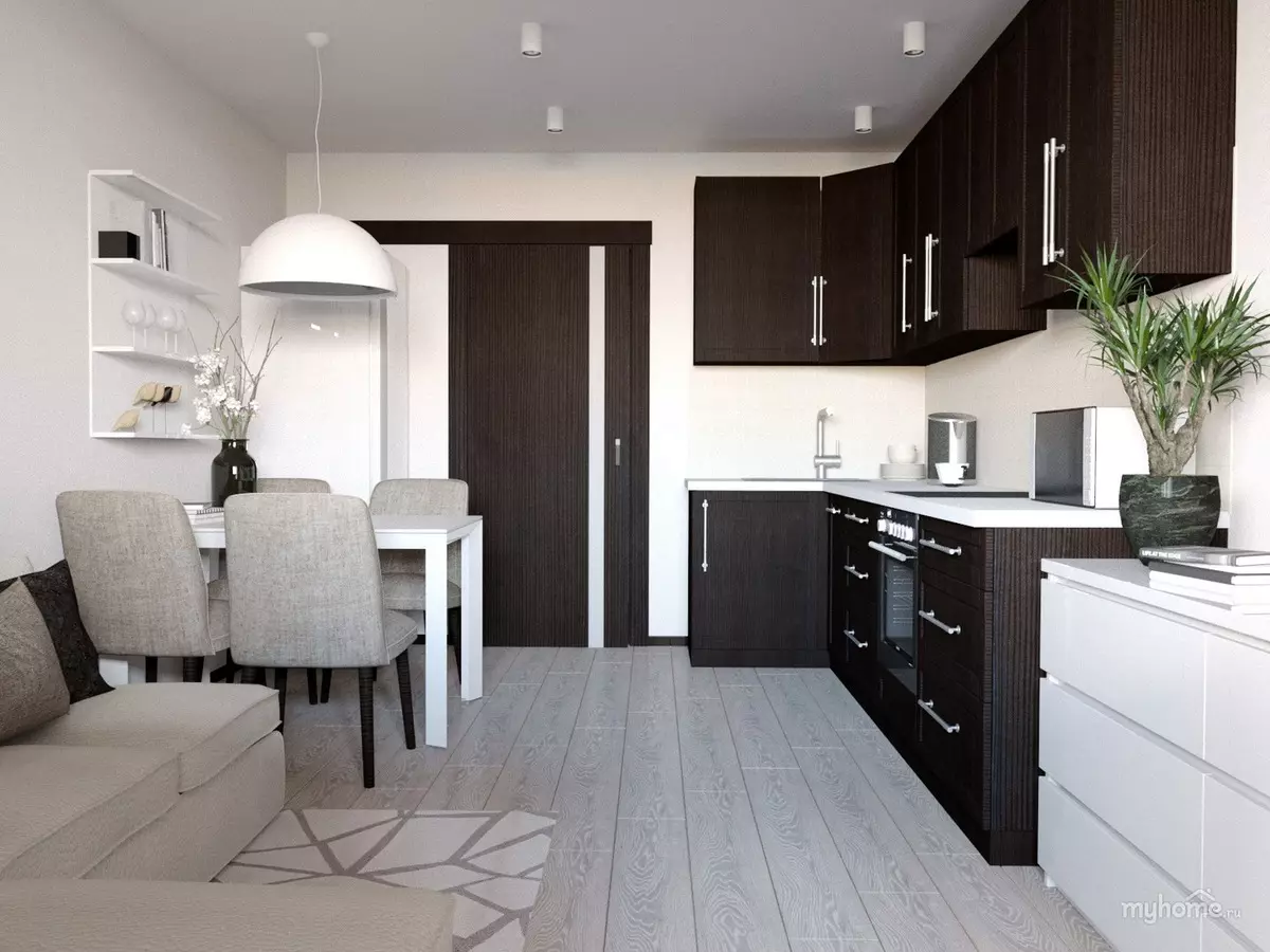 باورچی خانے کے رہنے والے کمرے 13 مربع میٹر. ایم (58 فوٹو): سوفی اور دیگر فرنیچر کے ساتھ باورچی داخلہ ڈیزائن کے اختیارات 9516_21