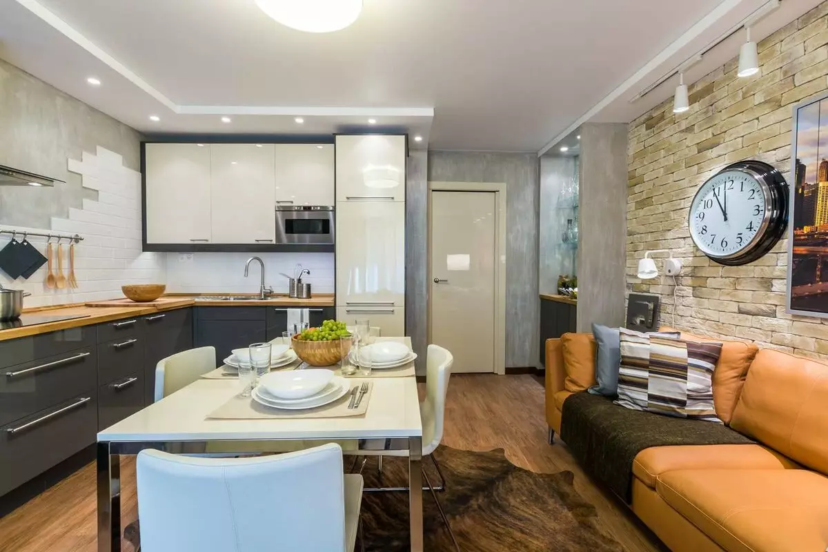 Kuchyň-obývací pokoje 13m². m (58 fotek): Možnosti designu interiéru kuchyně s pohovkou a dalším nábytkem 9516_23