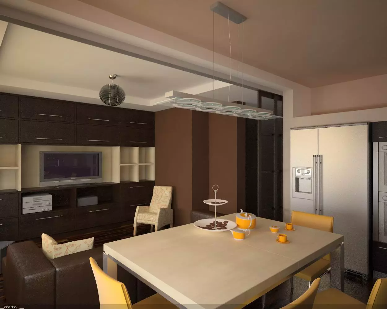 Kuchyň-obývací pokoje 13m². m (58 fotek): Možnosti designu interiéru kuchyně s pohovkou a dalším nábytkem 9516_24