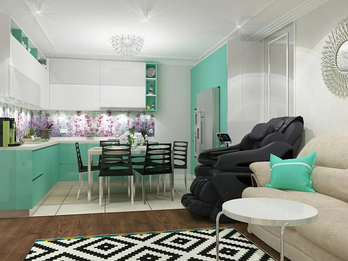 Konyhai nappali szobák 13 négyzetméter. m (58 fotók): Konyhai belsőépítészeti beállítások kanapéval és egyéb bútorokkal 9516_28