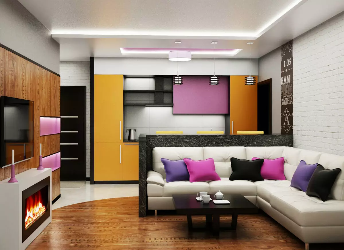 Konyhai nappali szobák 13 négyzetméter. m (58 fotók): Konyhai belsőépítészeti beállítások kanapéval és egyéb bútorokkal 9516_29