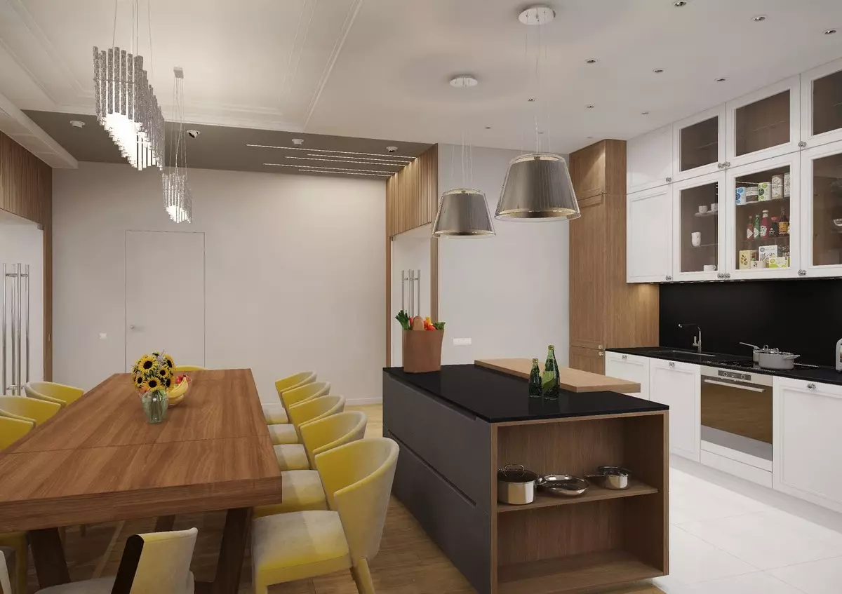 باورچی خانے کے رہنے والے کمرے 13 مربع میٹر. ایم (58 فوٹو): سوفی اور دیگر فرنیچر کے ساتھ باورچی داخلہ ڈیزائن کے اختیارات 9516_32