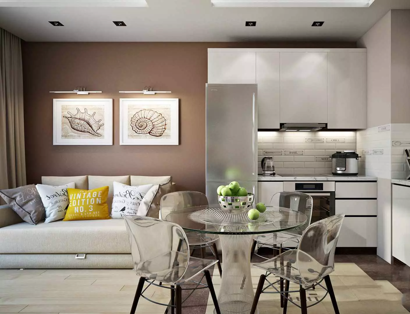 Virtuves dzīvojamās istabas 13 kvadrātmetri. m (58 fotogrāfijas): virtuves interjera dizaina iespējas ar dīvānu un citām mēbelēm 9516_37