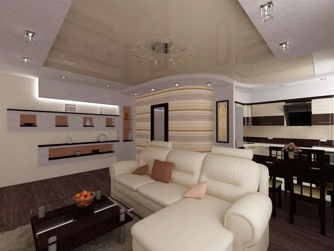 Kuchyň-obývací pokoje 13m². m (58 fotek): Možnosti designu interiéru kuchyně s pohovkou a dalším nábytkem 9516_42