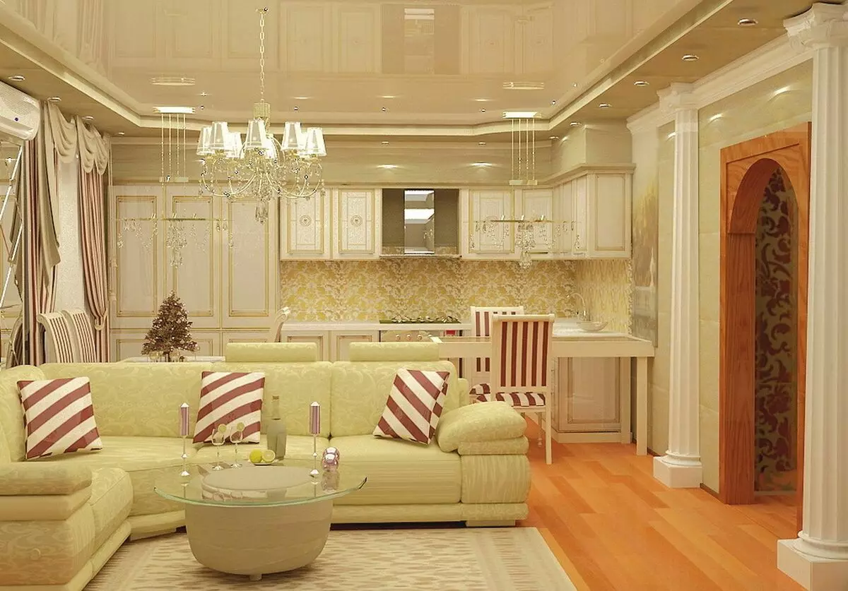 Kuchyň-obývací pokoje 13m². m (58 fotek): Možnosti designu interiéru kuchyně s pohovkou a dalším nábytkem 9516_44