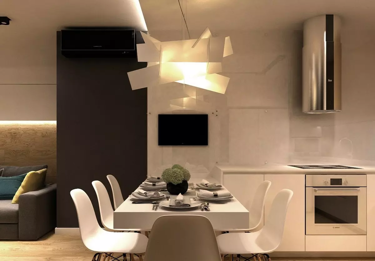 Kuchyň-obývací pokoje 13m². m (58 fotek): Možnosti designu interiéru kuchyně s pohovkou a dalším nábytkem 9516_49