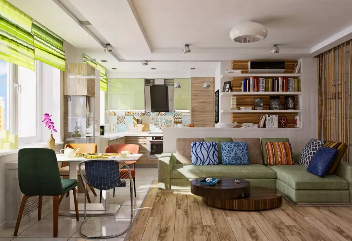 आधुनिक शैली में रसोई-बैठक कक्ष (6 9 फोटो): संयुक्त कमरे के आंतरिक डिजाइन, शैली समकालीन क्लासिक, छत सजावट और मंजिल में उज्ज्वल रसोई-बैठक कक्ष 9520_12