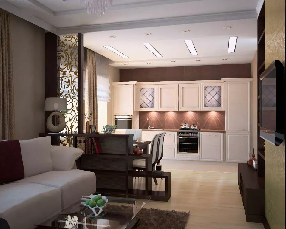 现代风格的厨房起居室（69张照片）：联合房间室内设计，明亮的厨房起居室风格现代风格经典，天花板装饰和地板 9520_16