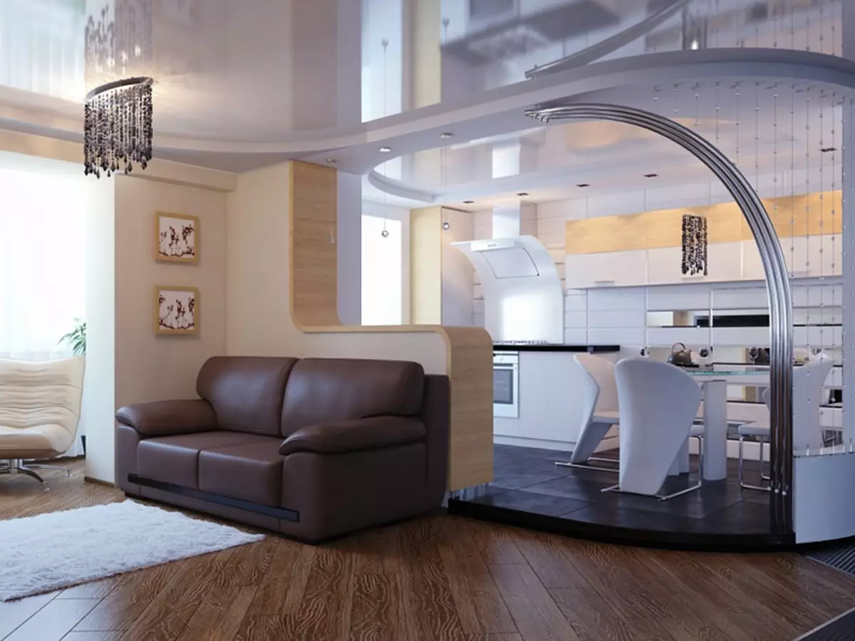 현대적인 스타일의 주방 거실 (69 장의 사진) : 결합 된 객실의 인테리어 디자인, 밝은 주방 거실 스타일 현대적인 고전, 천장 장식 및 바닥 9520_30