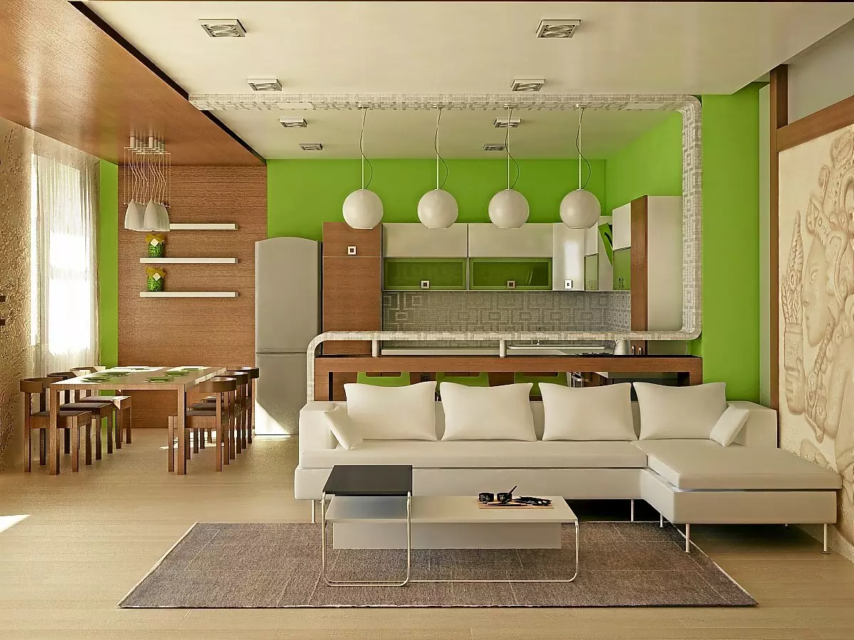 현대적인 스타일의 주방 거실 (69 장의 사진) : 결합 된 객실의 인테리어 디자인, 밝은 주방 거실 스타일 현대적인 고전, 천장 장식 및 바닥 9520_35