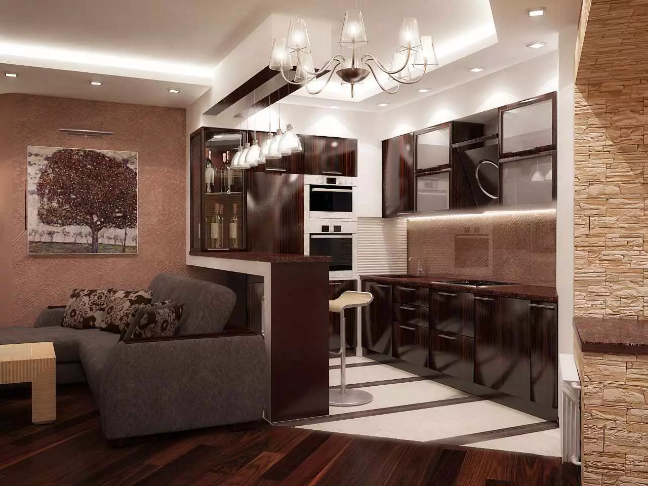 현대적인 스타일의 주방 거실 (69 장의 사진) : 결합 된 객실의 인테리어 디자인, 밝은 주방 거실 스타일 현대적인 고전, 천장 장식 및 바닥 9520_37