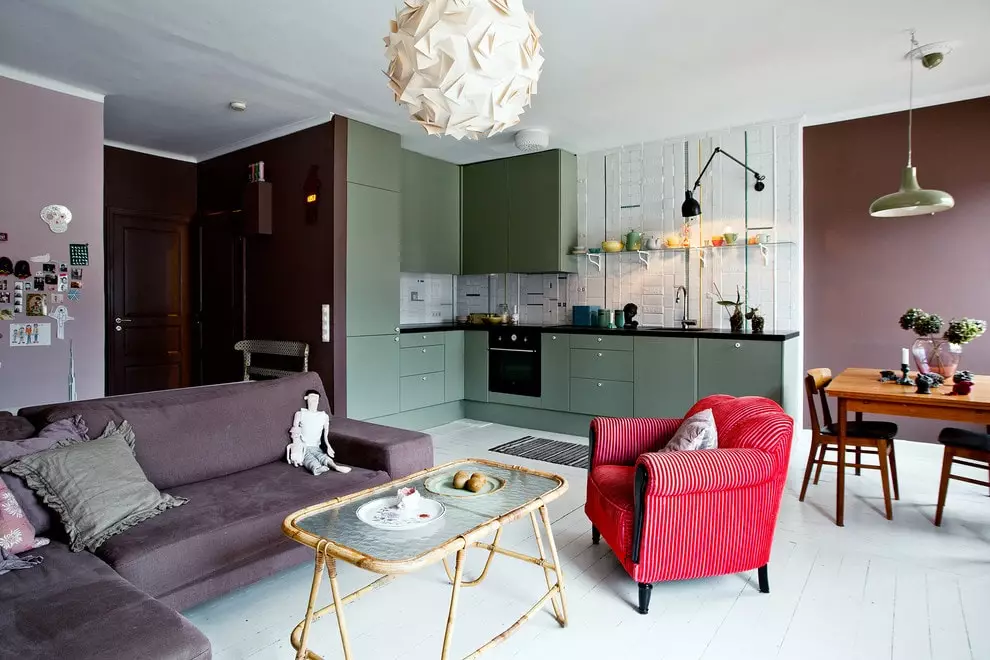 Keuken-woonkamer in een moderne stijl (69 foto's): interieur van de kamers gecombineerd, licht-keuken woonkamer in stijl modern klassiek, plafonds en vloer 9520_44