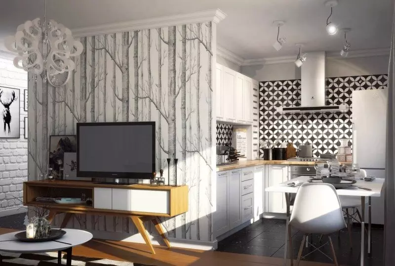 სამზარეულო ოთახი თანამედროვე სტილში (69 ფოტო): კომბინირებული ოთახების ინტერიერის დიზაინი, ნათელი სამზარეულო ოთახი სტილის თანამედროვე კლასიკური, ჭერის გაფორმება და სართული 9520_45