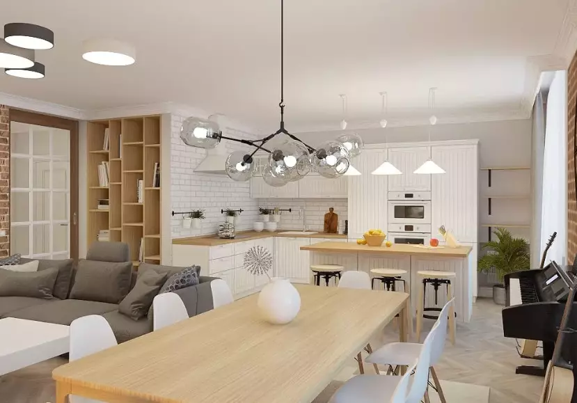 Keuken-woonkamer in een moderne stijl (69 foto's): interieur van de kamers gecombineerd, licht-keuken woonkamer in stijl modern klassiek, plafonds en vloer 9520_49