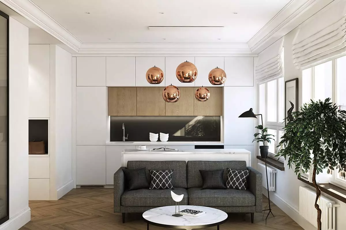 Кухня-вітальня в сучасному стилі (69 фото): дизайн інтер'єру суміщених кімнат, світла кухня-вітальня в стилі сучасна класика, оформлення стелі та підлоги 9520_50