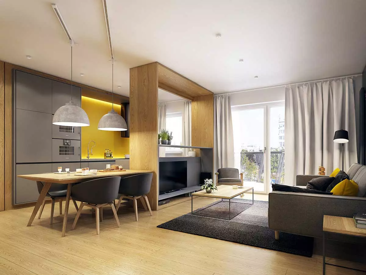 현대적인 스타일의 주방 거실 (69 장의 사진) : 결합 된 객실의 인테리어 디자인, 밝은 주방 거실 스타일 현대적인 고전, 천장 장식 및 바닥 9520_57