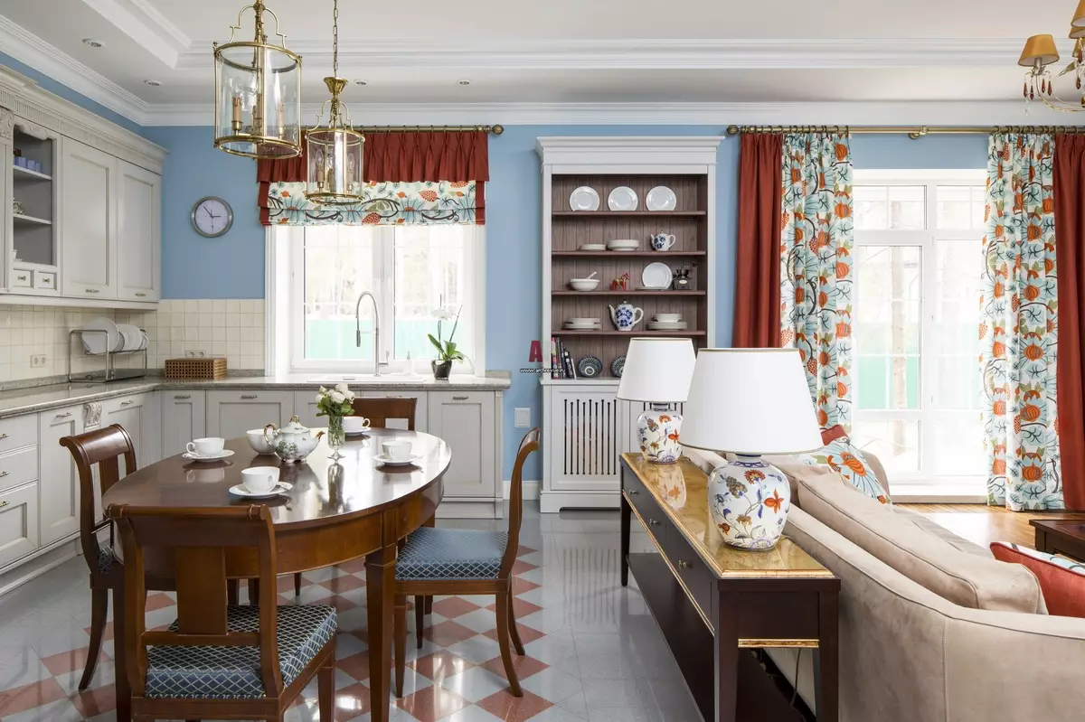 Kjøkken-stue i moderne stil (69 bilder): Interiørdesign av kombinerte rom, lyse kjøkken-stue i stil Moderne klassisk, takdekorasjon og gulv 9520_58