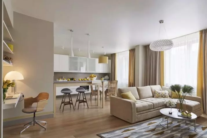 현대적인 스타일의 주방 거실 (69 장의 사진) : 결합 된 객실의 인테리어 디자인, 밝은 주방 거실 스타일 현대적인 고전, 천장 장식 및 바닥 9520_66