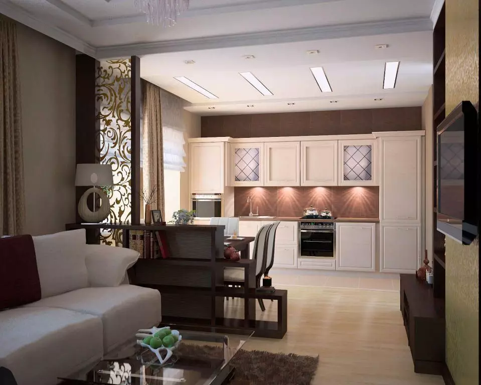 Desain dapur-ruang tamu 25 meter persegi. M (85 Foto): Nuansa Ruang Tamu Dapur di Studio Apartments, Pilihan untuk Zonasi Gabungan Dapur-Ruang Tamu 9523_10