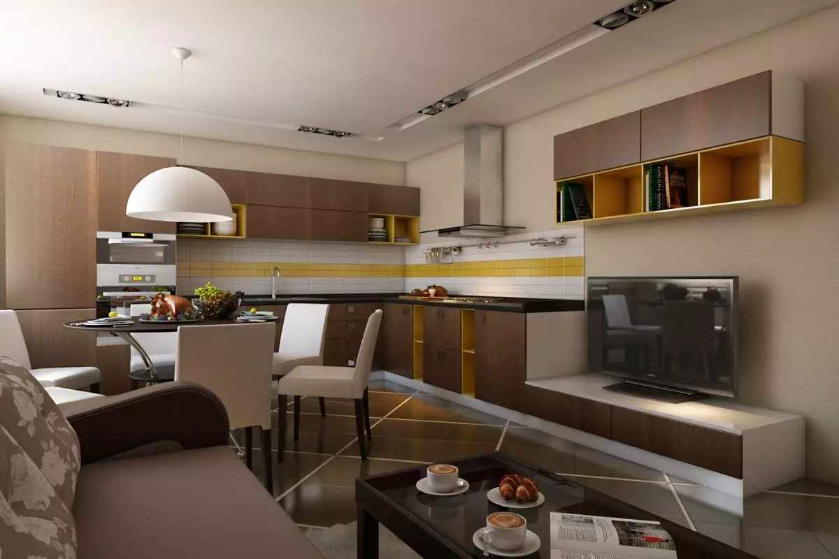 Σχεδιασμός κουζίνας-σαλόνι 25 τετραγωνικών μέτρων. M (85 φωτογραφίες): αποχρώσεις των κουζίνας-σαλόνι σε στούντιο διαμερίσματα, επιλογές για τις ζώνες συνδυασμένες κουζίνες-σαλόνια 9523_15