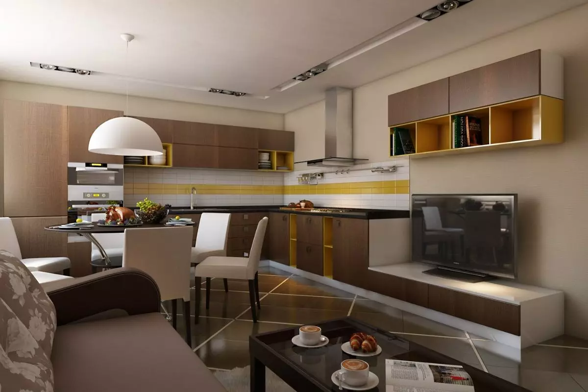 Desain dapur-ruang tamu 25 meter persegi. M (85 Foto): Nuansa Ruang Tamu Dapur di Studio Apartments, Pilihan untuk Zonasi Gabungan Dapur-Ruang Tamu 9523_15