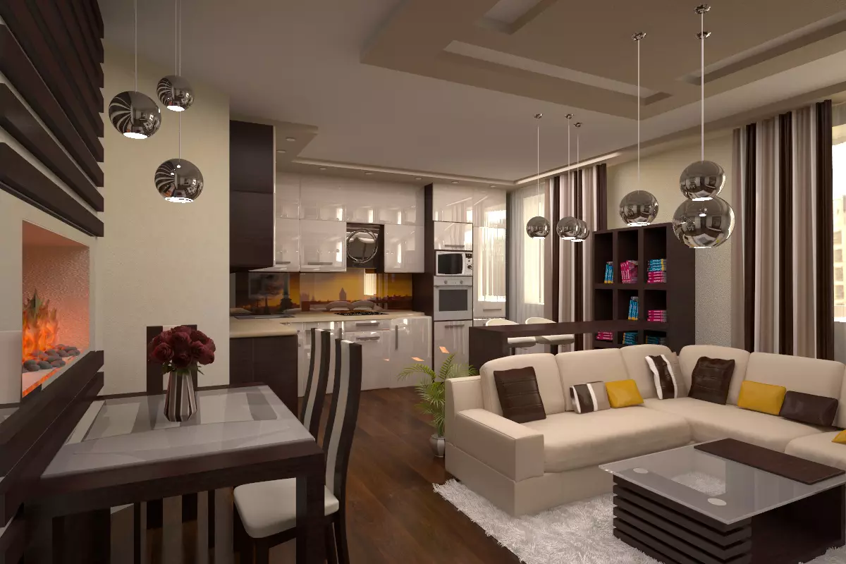 Desain dapur-ruang tamu 25 meter persegi. M (85 Foto): Nuansa Ruang Tamu Dapur di Studio Apartments, Pilihan untuk Zonasi Gabungan Dapur-Ruang Tamu 9523_21