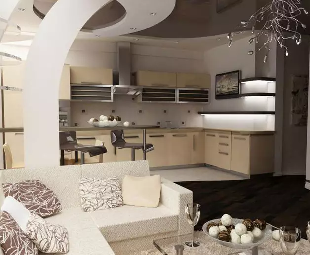 디자인 주방 거실 25 평방 미터. M (85 장의 사진) : 스튜디오 아파트의 주방 거실의 뉘앙스, Zoning Combined Kitchens-Living rooms 옵션 9523_23