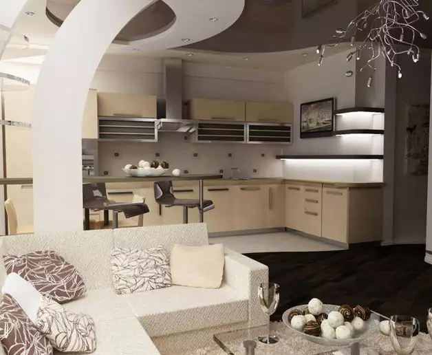 Desain dapur-ruang tamu 25 meter persegi. M (85 Foto): Nuansa Ruang Tamu Dapur di Studio Apartments, Pilihan untuk Zonasi Gabungan Dapur-Ruang Tamu 9523_23